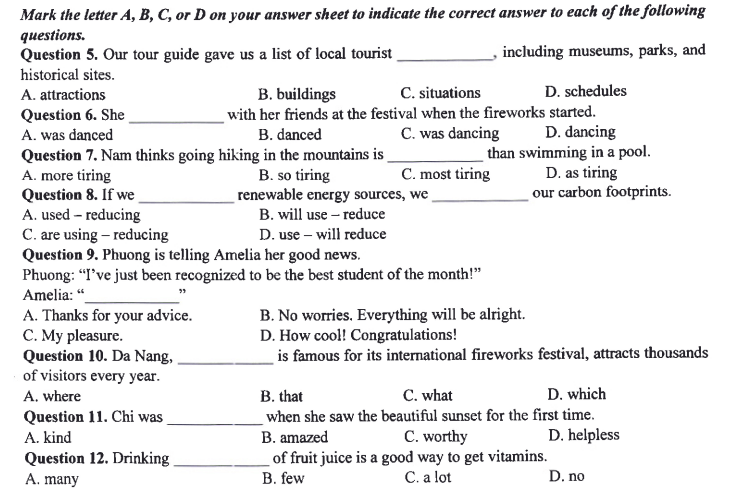 câu 5-12 đề minh họa tiếng anh vào 10